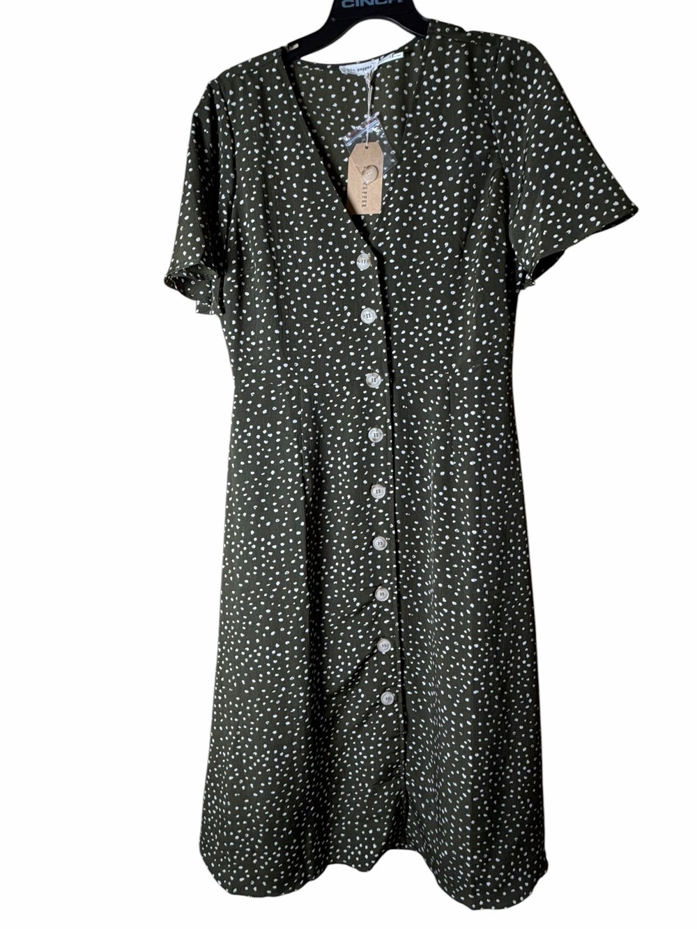 Olive Green Polka Dot Button Front Tea Dress Size Large